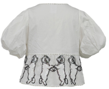 Load image into Gallery viewer, Queen of Sparkles White Dancing Bulldog Peplum Cotton Poof Sleeve Top
