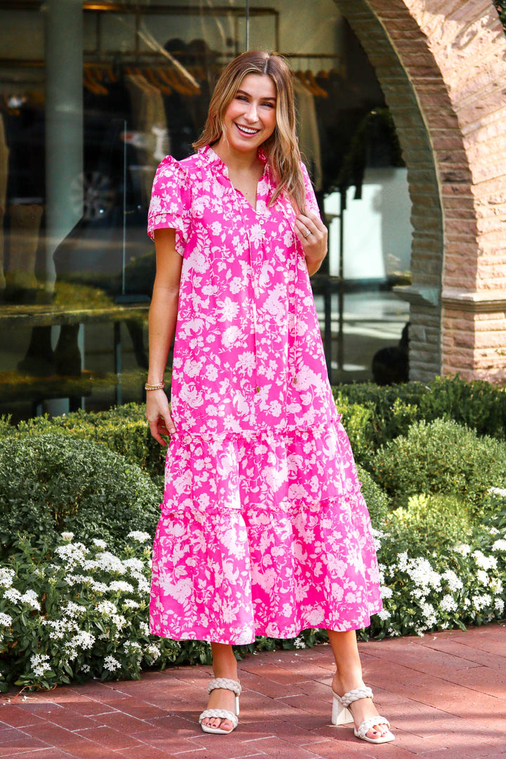 Fleur Ruffle Sleeve Midi Dress (hot pink / white)