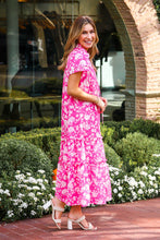 Load image into Gallery viewer, Fleur Ruffle Sleeve Midi Dress (hot pink / white)
