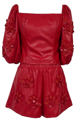 Queen Of Sparkles Red Leather Flower Poof Sleeve