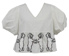 Load image into Gallery viewer, Queen of Sparkles White Dancing Bulldog Peplum Cotton Poof Sleeve Top
