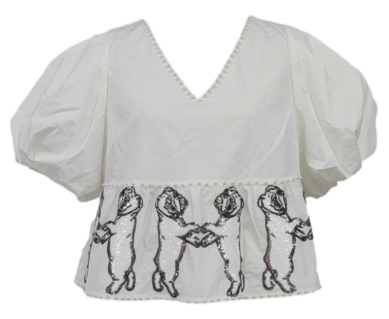 Queen of Sparkles White Dancing Bulldog Peplum Cotton Poof Sleeve Top